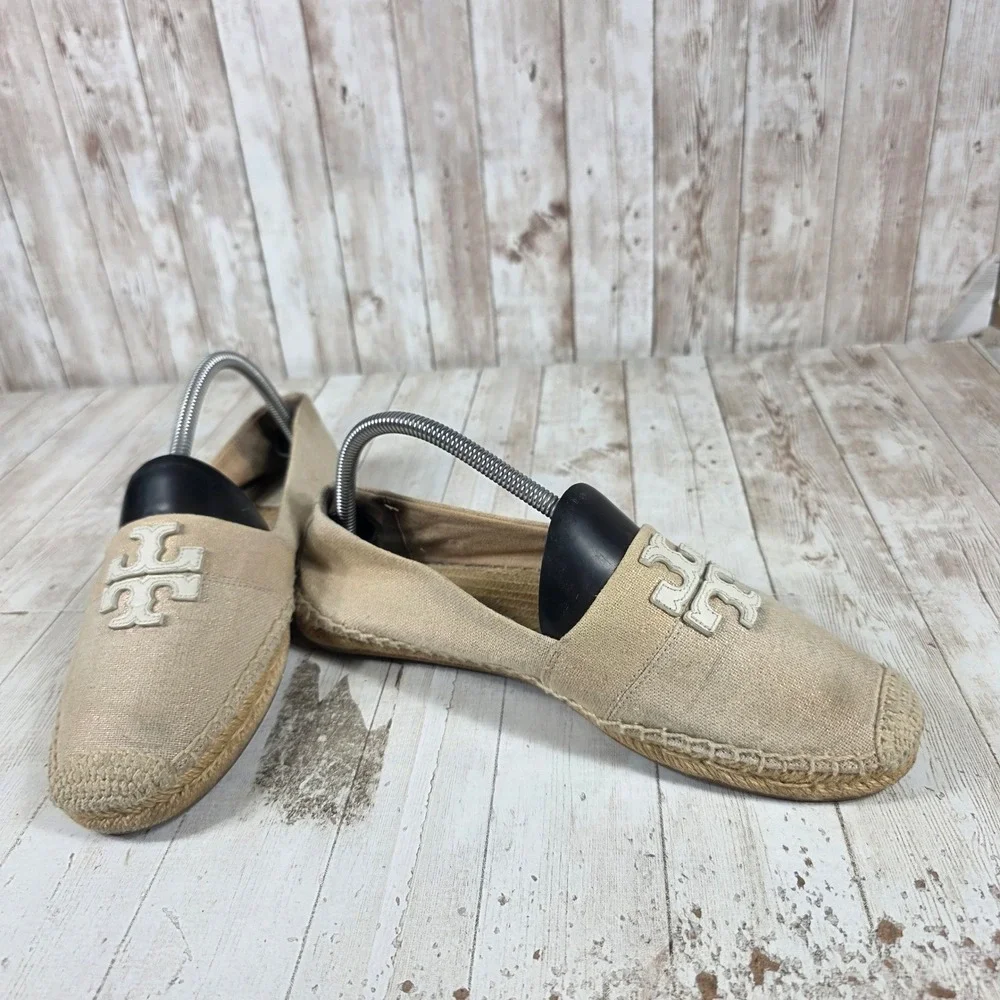 Tory Burch Tan Canvas Logo Espadrille Flats Womens Size 9.5 Beige Slip On Shoes